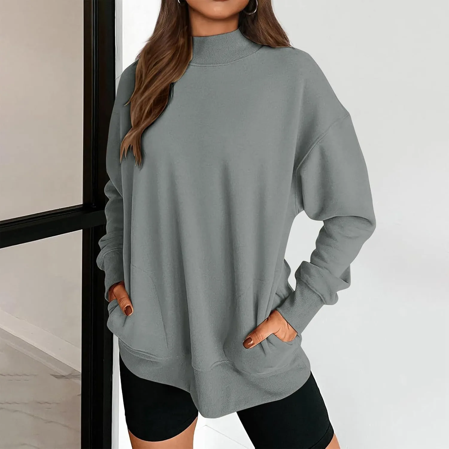 Womens Tops Casual Long Sleeve Sweatshirt Turtleneck Lightweight Coats Daily Fashion Fall Pullover Top with Pockets