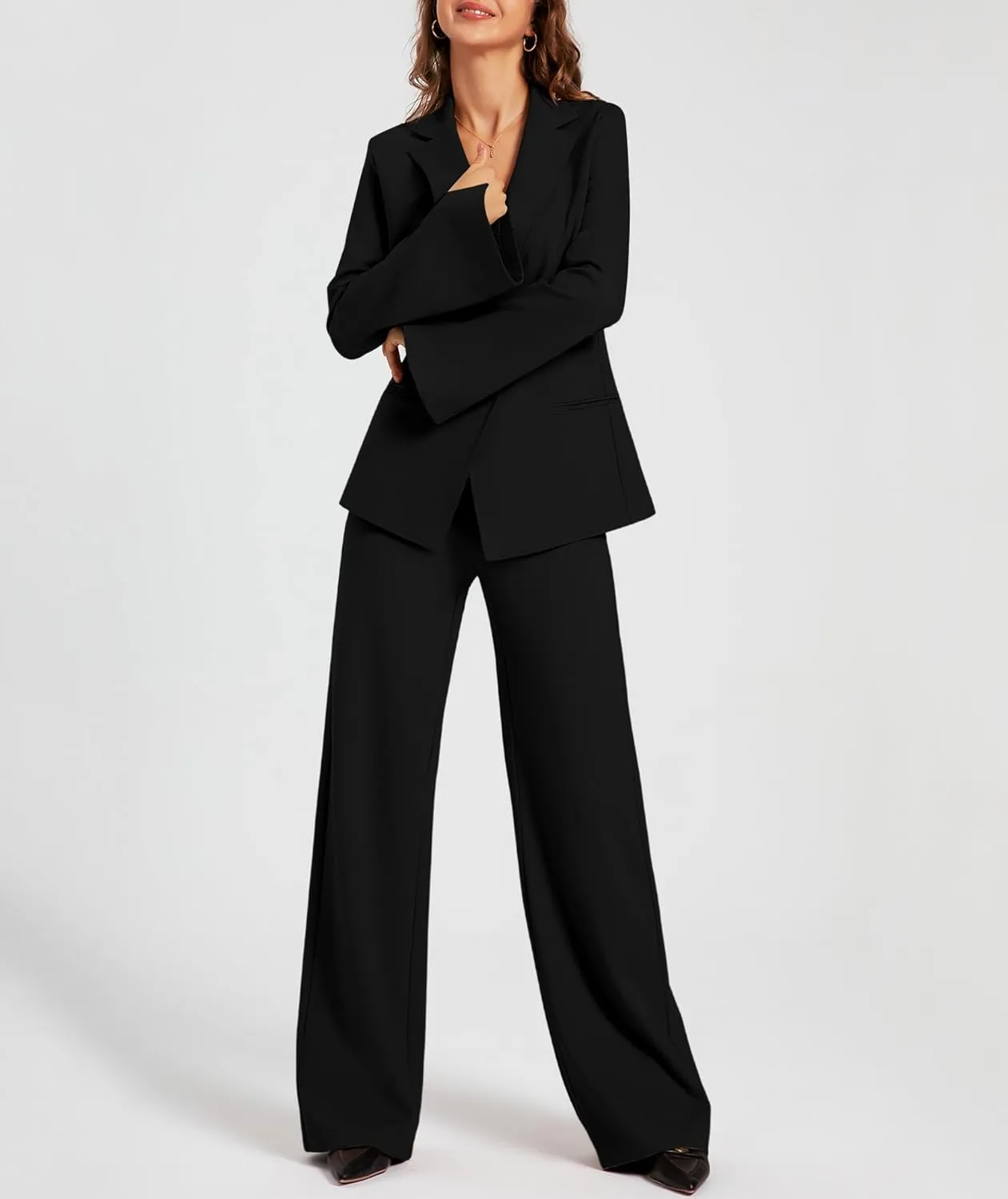 Womens Two Piece Blazer Outfits Business Suit Set Work Office Notched Collar Jacket Dressy Matching Pantsuit