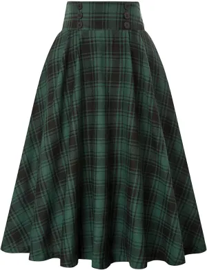 Women's Vintage Long Skirts Plaid Elegant Elastic Waist Pleated A-Line Casual High Waist Midi Skirt Plus Size