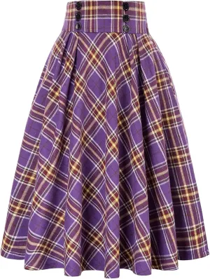 Women's Vintage Long Skirts Plaid Elegant Elastic Waist Pleated A-Line Casual High Waist Midi Skirt Plus Size