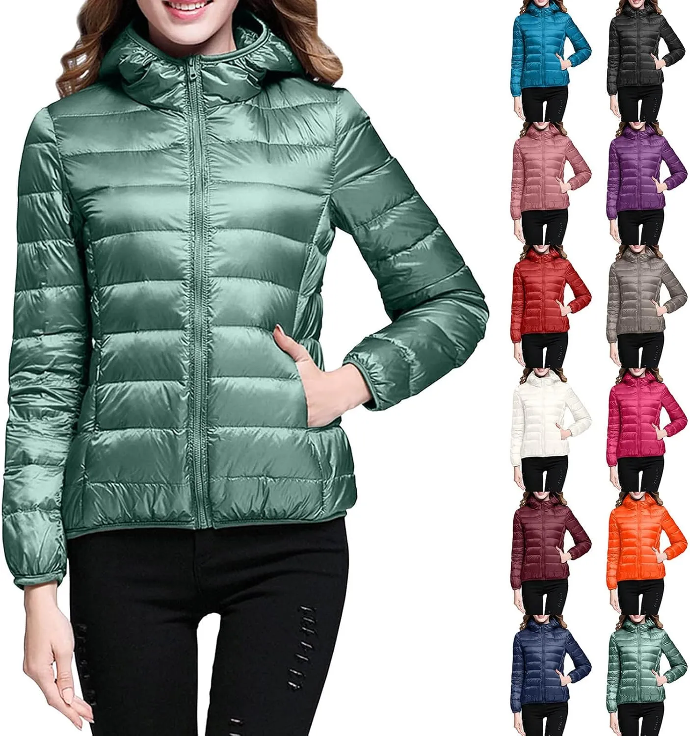 Womens Warm Lightweight Jacket Hooded Windproof Winter Coat With Recycled Insulation Slim Short Down Coat Outerwear