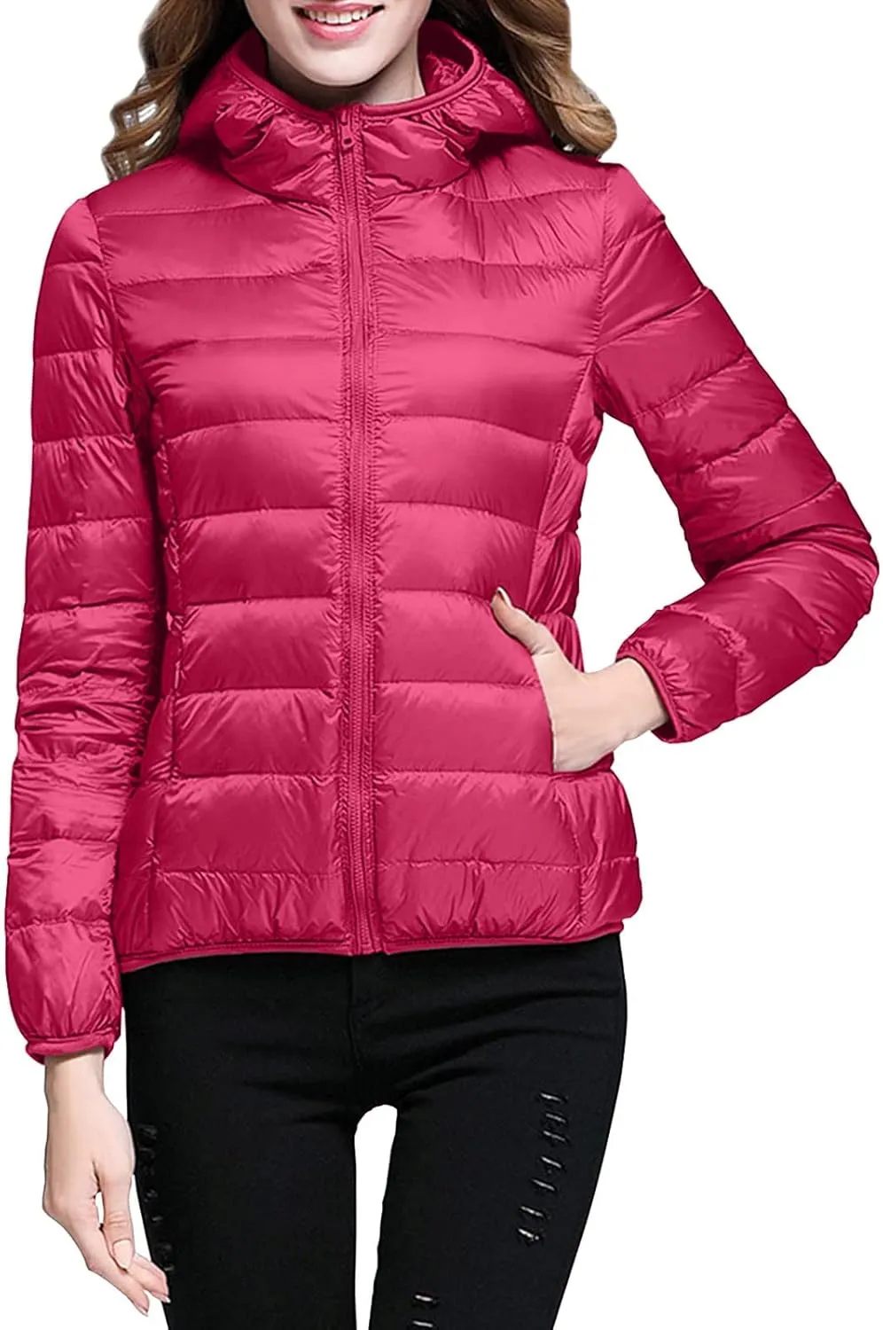 Womens Warm Lightweight Jacket Hooded Windproof Winter Coat With Recycled Insulation Slim Short Down Coat Outerwear