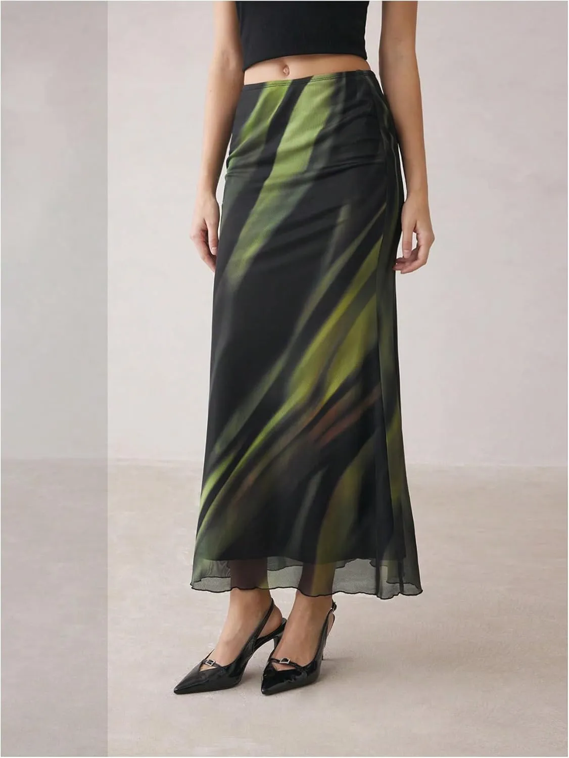 Women's Y2k Tie Dye Long Skirt Elegant Ruffle Hem Low Waist Ruched Mesh Maxi Skirts