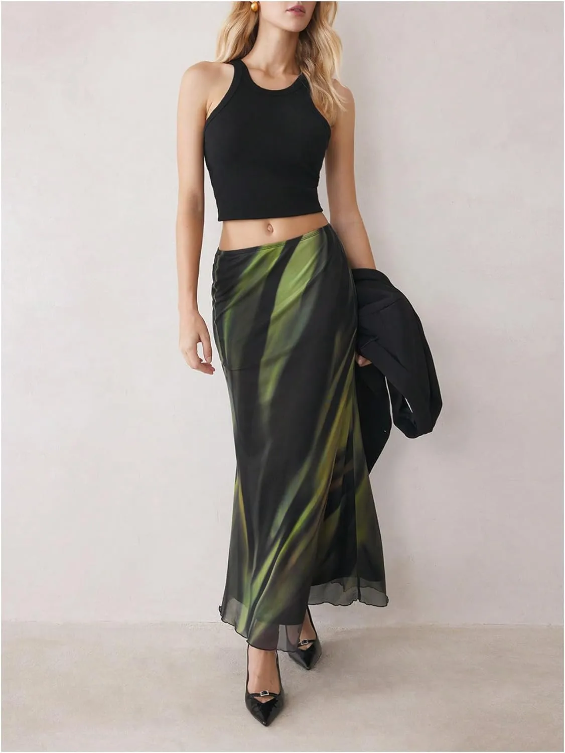Women's Y2k Tie Dye Long Skirt Elegant Ruffle Hem Low Waist Ruched Mesh Maxi Skirts