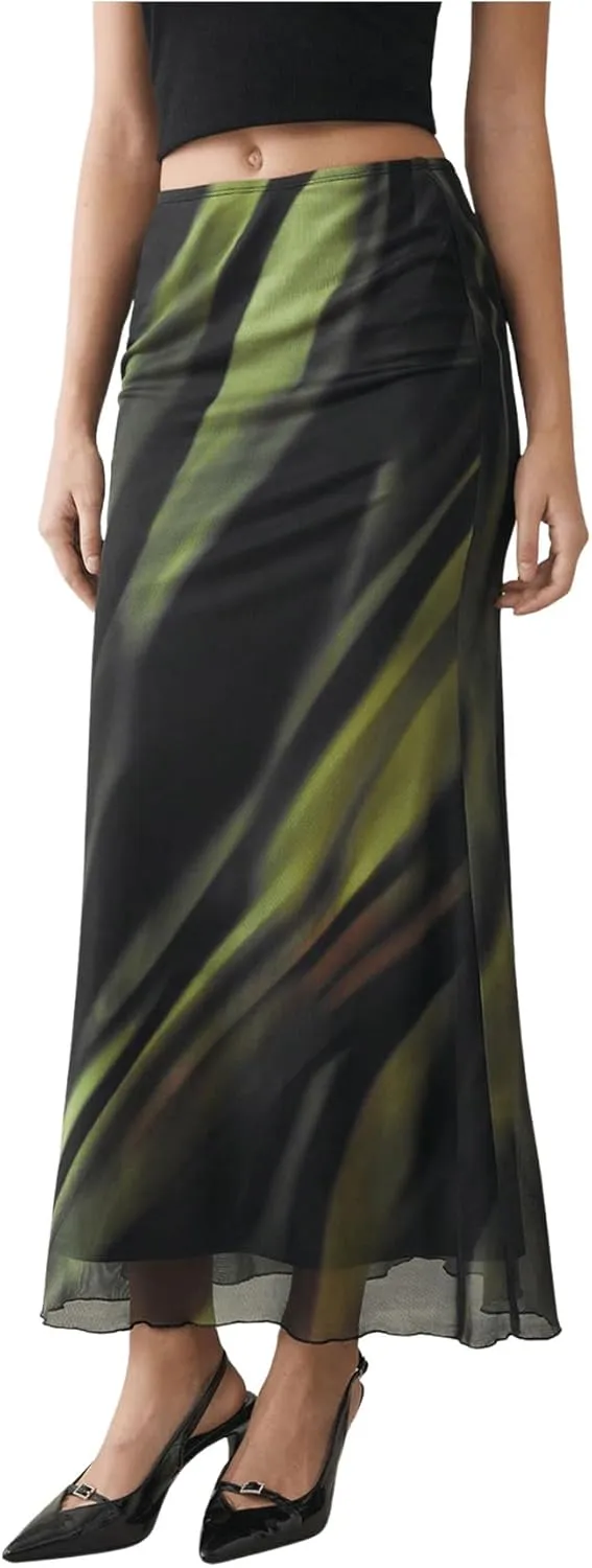 Women's Y2k Tie Dye Long Skirt Elegant Ruffle Hem Low Waist Ruched Mesh Maxi Skirts