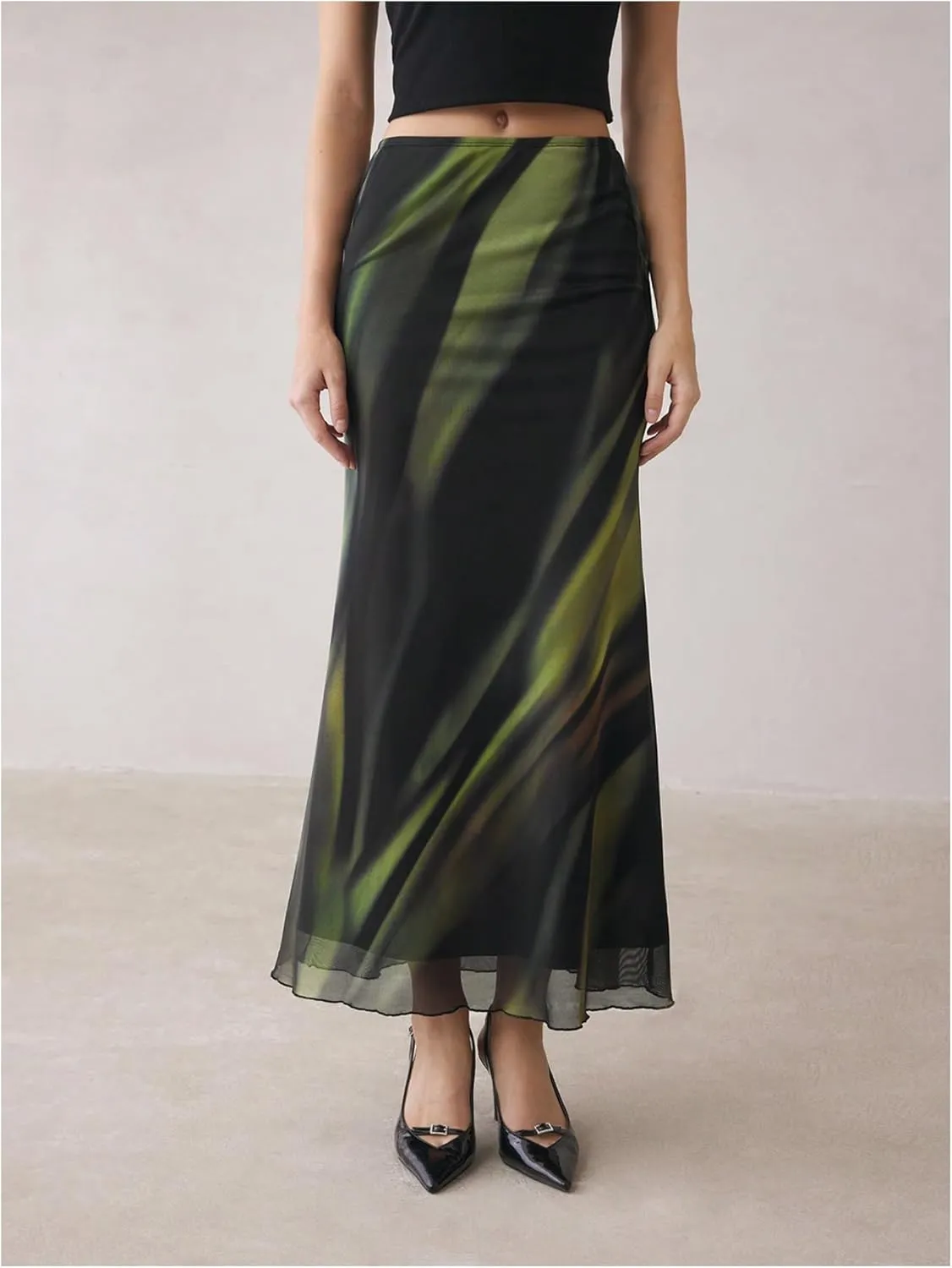 Women's Y2k Tie Dye Long Skirt Elegant Ruffle Hem Low Waist Ruched Mesh Maxi Skirts