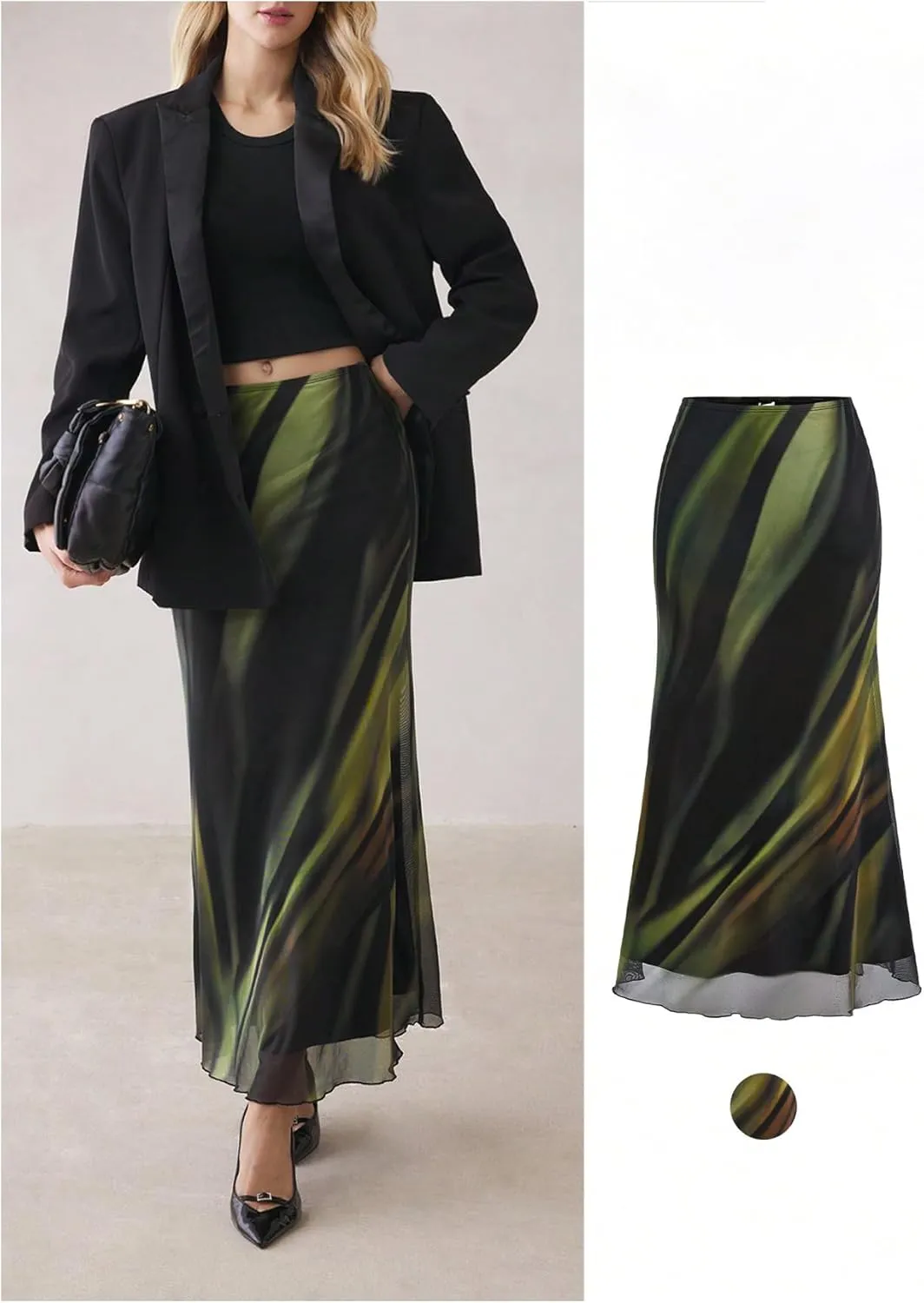 Women's Y2k Tie Dye Long Skirt Elegant Ruffle Hem Low Waist Ruched Mesh Maxi Skirts