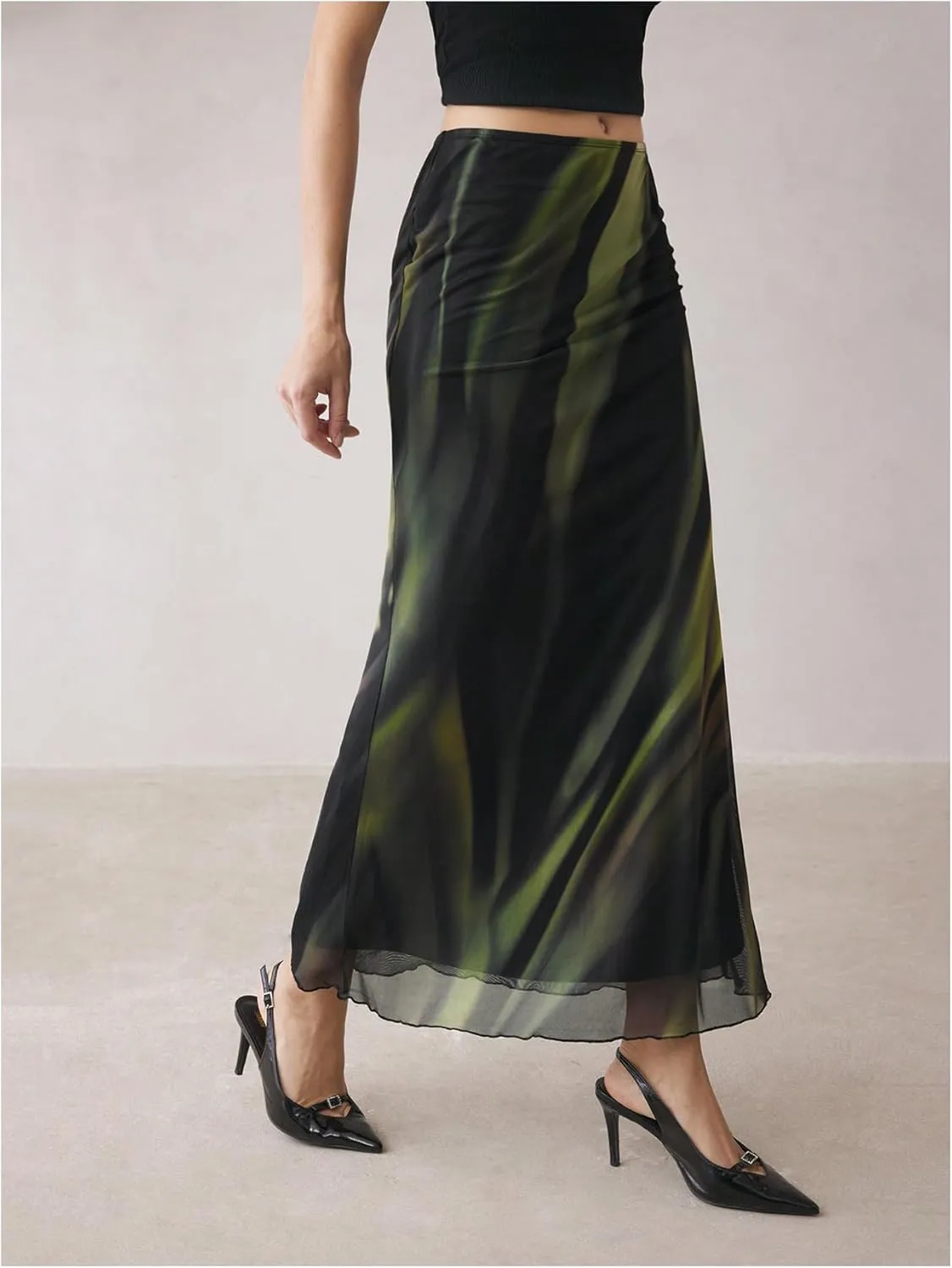 Women's Y2k Tie Dye Long Skirt Elegant Ruffle Hem Low Waist Ruched Mesh Maxi Skirts