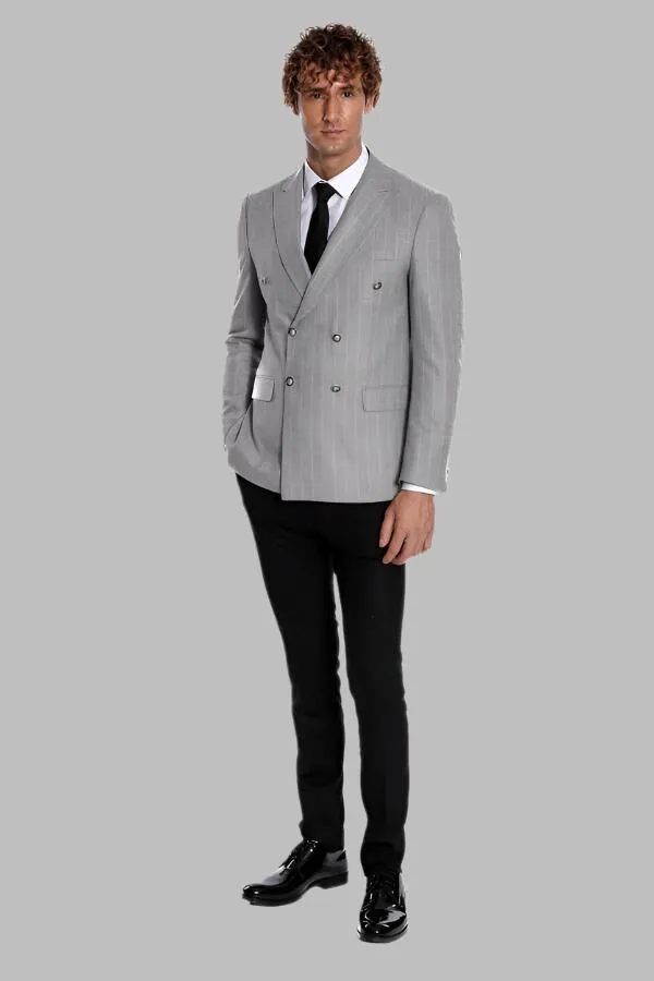 WSS Double Breasted Slim Fit Striped Grey Men Blazer  - Singen