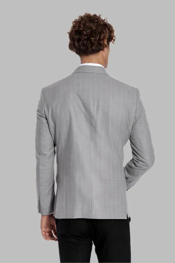 WSS Double Breasted Slim Fit Striped Grey Men Blazer  - Singen