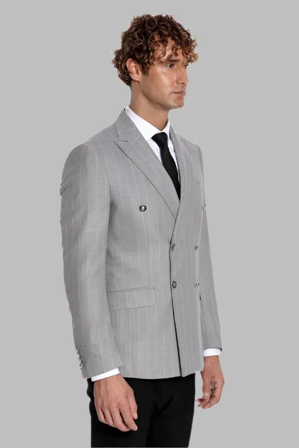 WSS Double Breasted Slim Fit Striped Grey Men Blazer  - Singen