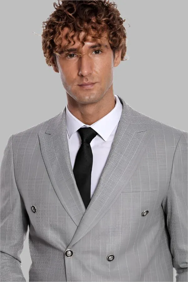 WSS Double Breasted Slim Fit Striped Grey Men Blazer  - Singen