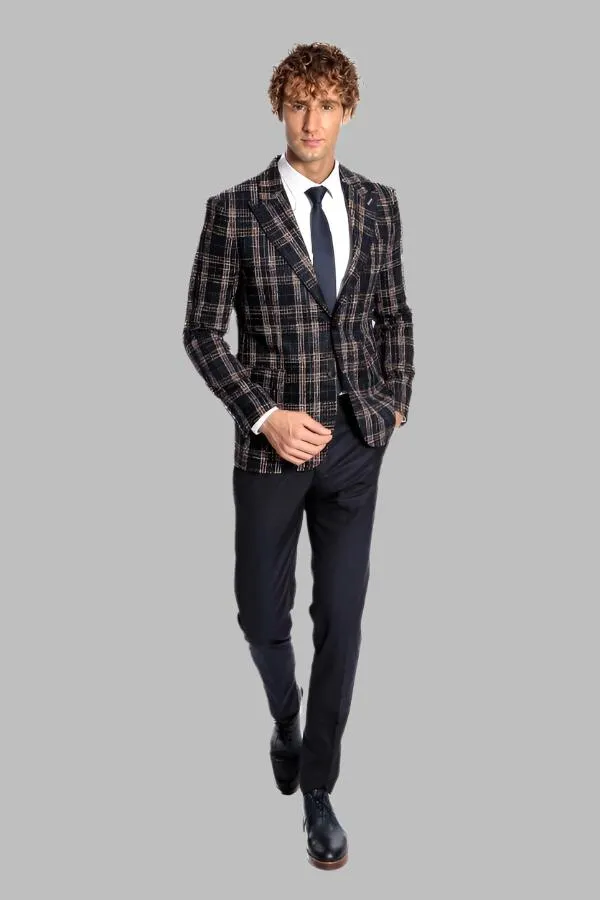 WSS Plaid Slim Fit Navy Blue Men Blazer  - Singen