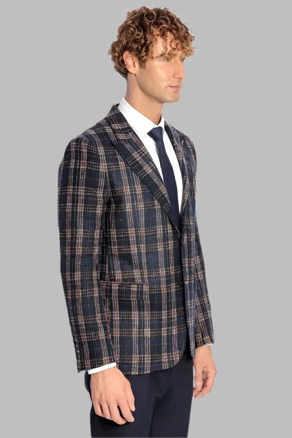 WSS Plaid Slim Fit Navy Blue Men Blazer  - Singen