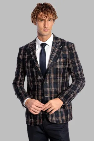 WSS Plaid Slim Fit Navy Blue Men Blazer  - Singen