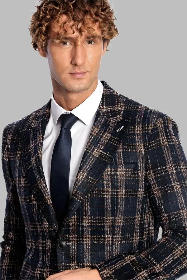 WSS Plaid Slim Fit Navy Blue Men Blazer  - Singen
