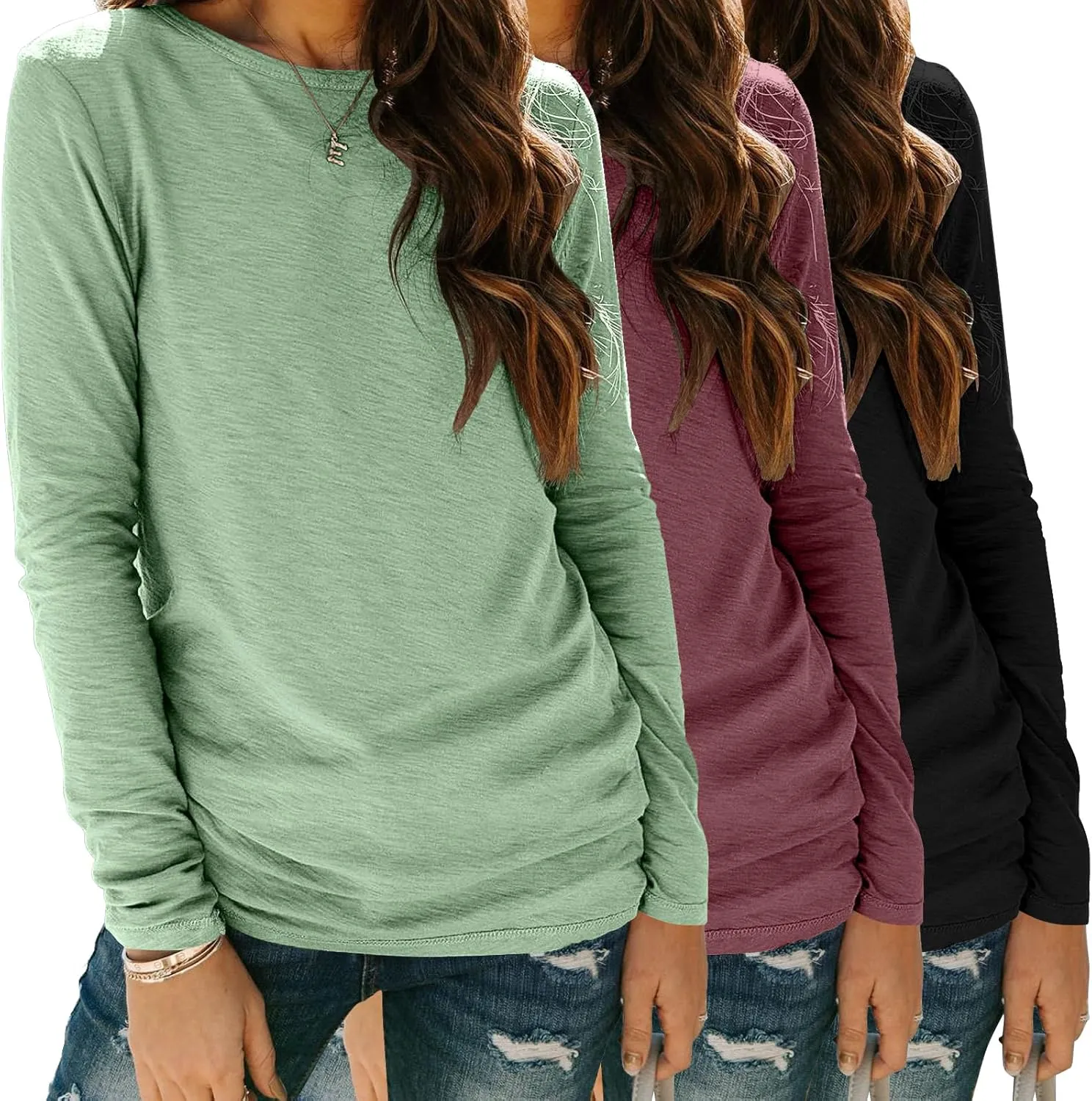 Zeagoo 3 Pack Long Sleeve Shirts for Women Casual Soft Crewneck Basic Tee Tops Fall Outfit Clothes