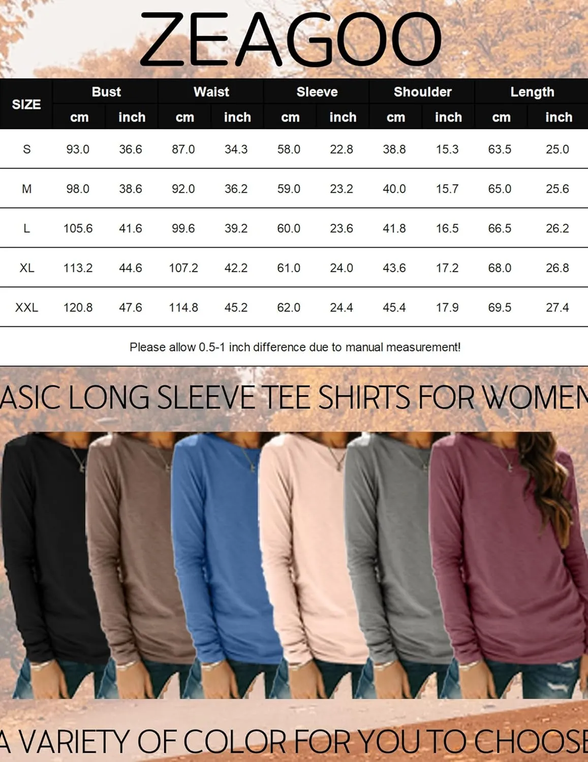 Zeagoo 3 Pack Long Sleeve Shirts for Women Casual Soft Crewneck Basic Tee Tops Fall Outfit Clothes