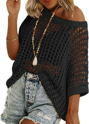 Zeagoo Short Sleeve Crochet Sweater Lightweight Summer Tops Loose Hollow Out Crewneck Pullover