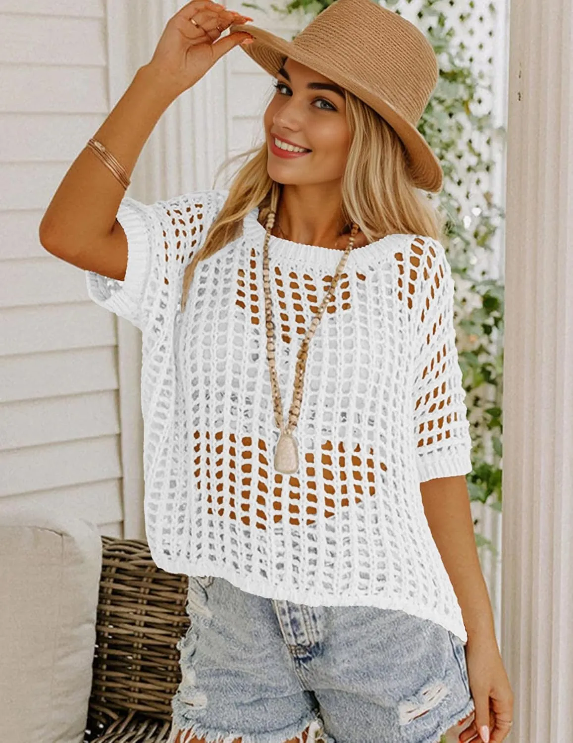 Zeagoo Short Sleeve Crochet Sweater Lightweight Summer Tops Loose Hollow Out Crewneck Pullover