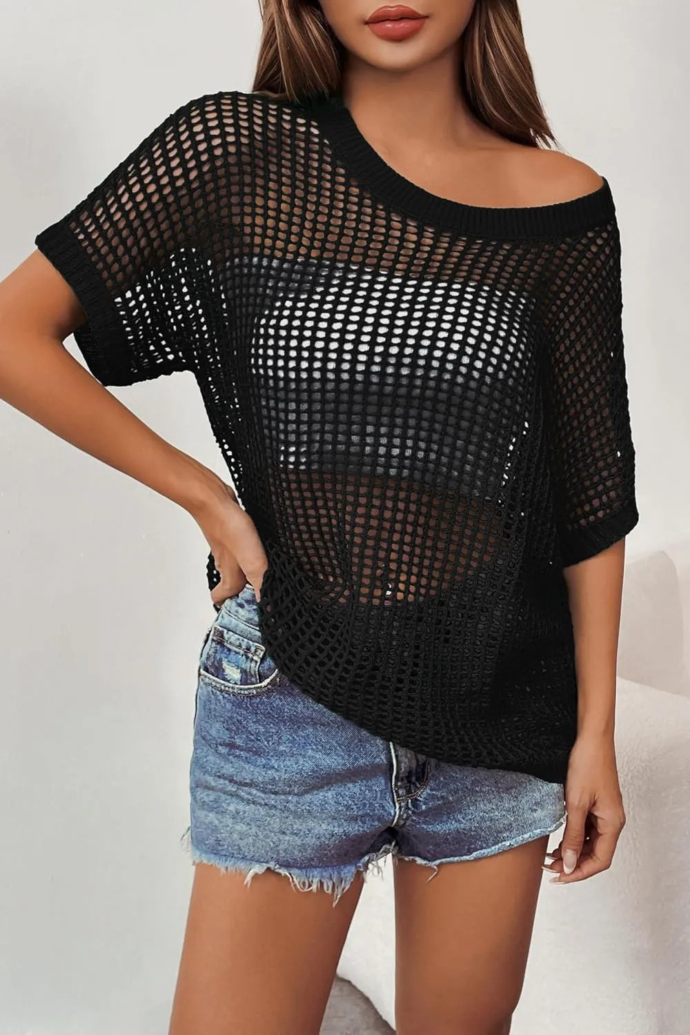 Zeagoo Short Sleeve Crochet Sweater Lightweight Summer Tops Loose Hollow Out Crewneck Pullover