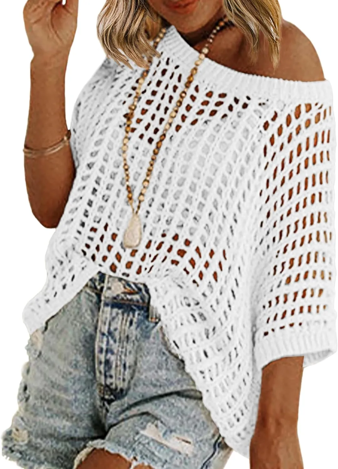 Zeagoo Short Sleeve Crochet Sweater Lightweight Summer Tops Loose Hollow Out Crewneck Pullover