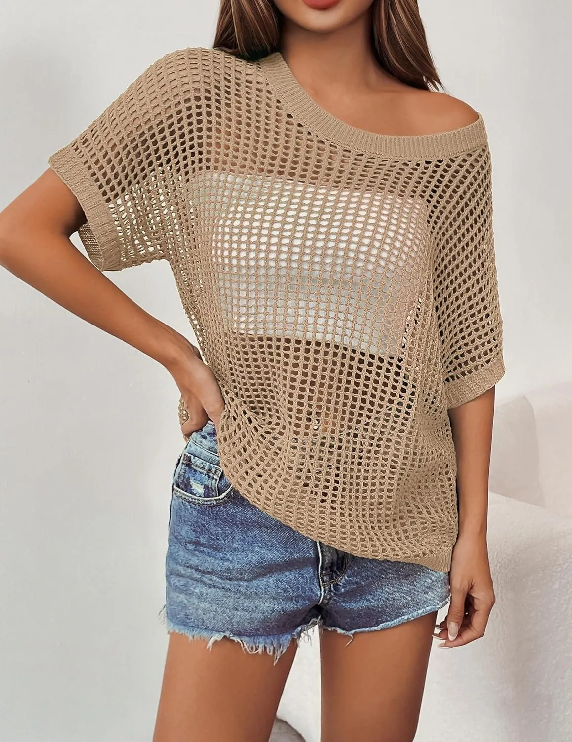 Zeagoo Short Sleeve Crochet Sweater Lightweight Summer Tops Loose Hollow Out Crewneck Pullover