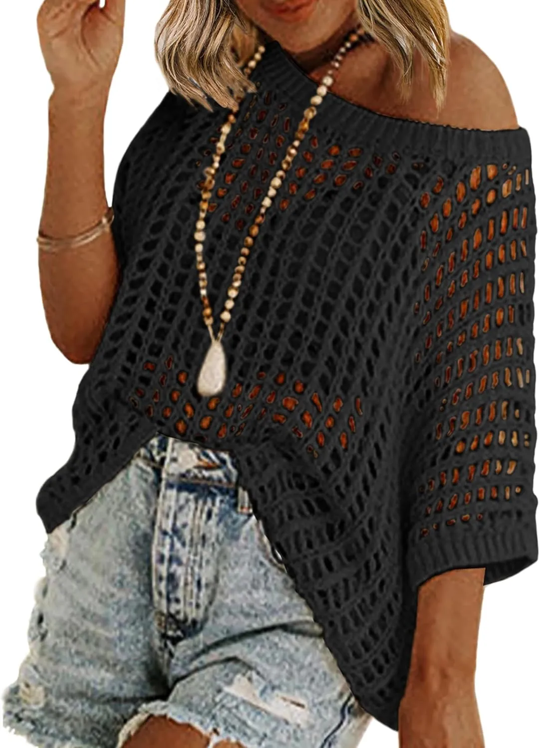 Zeagoo Short Sleeve Crochet Sweater Lightweight Summer Tops Loose Hollow Out Crewneck Pullover