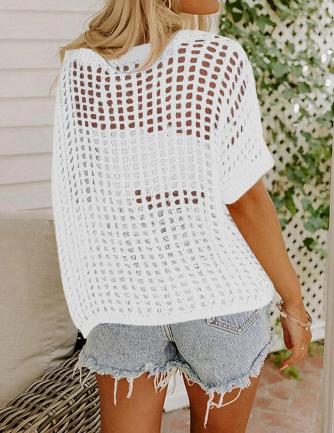 Zeagoo Short Sleeve Crochet Sweater Lightweight Summer Tops Loose Hollow Out Crewneck Pullover