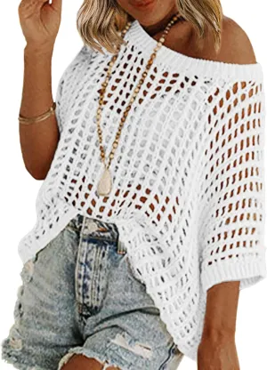 Zeagoo Short Sleeve Crochet Sweater Lightweight Summer Tops Loose Hollow Out Crewneck Pullover
