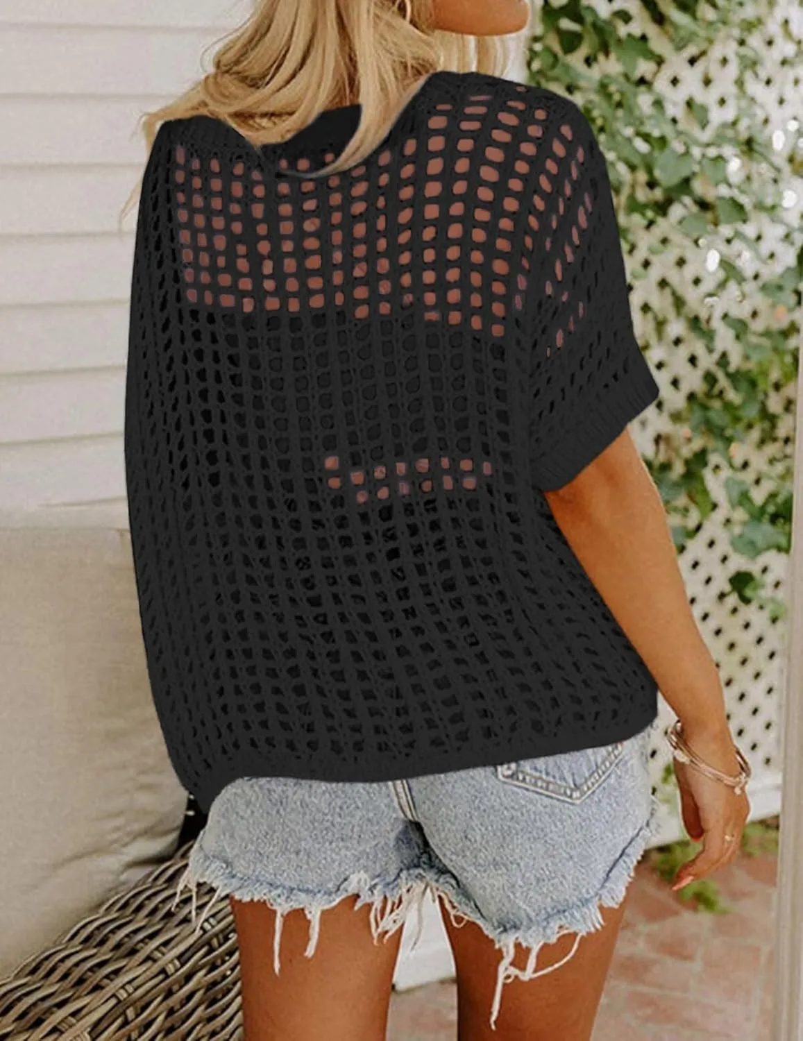 Zeagoo Short Sleeve Crochet Sweater Lightweight Summer Tops Loose Hollow Out Crewneck Pullover