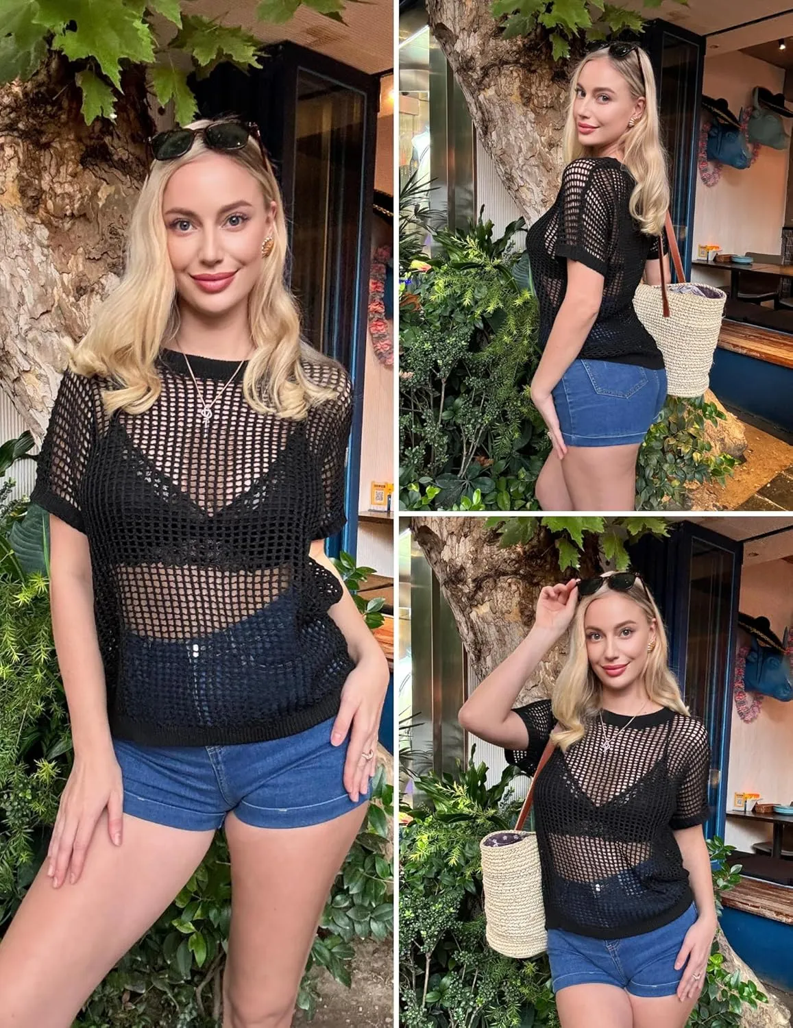 Zeagoo Short Sleeve Crochet Sweater Lightweight Summer Tops Loose Hollow Out Crewneck Pullover