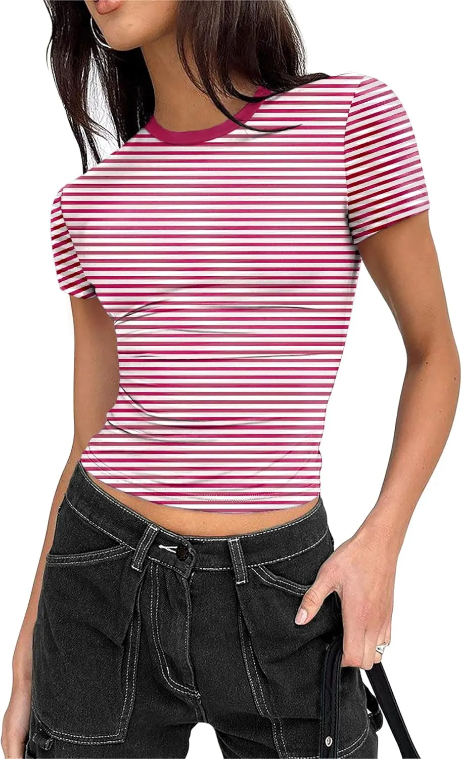 Zeagoo Women Crewneck Slim Fitted Short Sleeve T Shirts Cute Stretchy Bodycon Basic Tee Tops