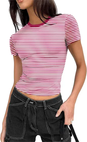 Zeagoo Women Crewneck Slim Fitted Short Sleeve T Shirts Cute Stretchy Bodycon Basic Tee Tops
