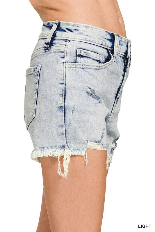 Zenana Distressed Raw Hem Shorts | Acid Wash