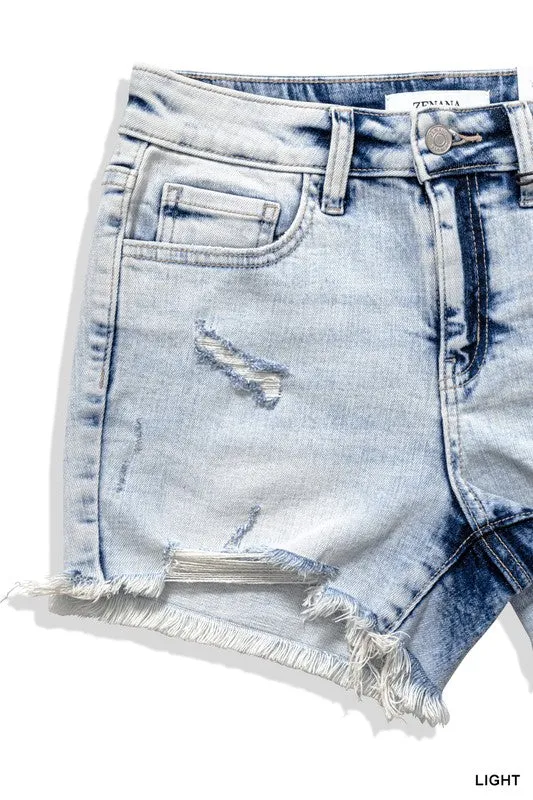 Zenana Distressed Raw Hem Shorts | Acid Wash