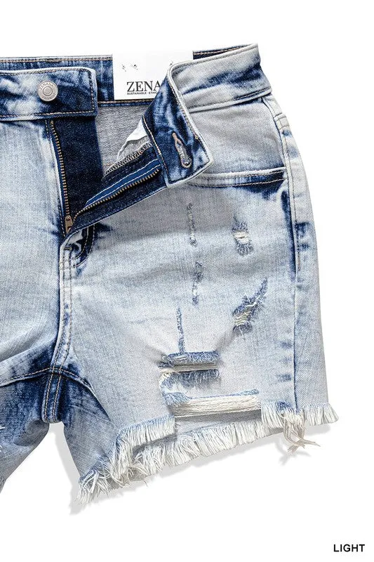 Zenana Distressed Raw Hem Shorts | Acid Wash