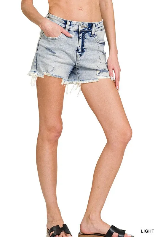 Zenana Distressed Raw Hem Shorts | Acid Wash