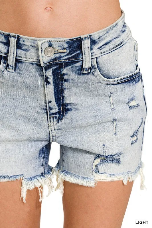 Zenana Distressed Raw Hem Shorts | Acid Wash
