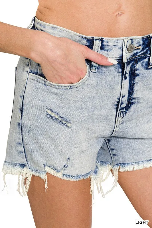 Zenana Distressed Raw Hem Shorts | Acid Wash