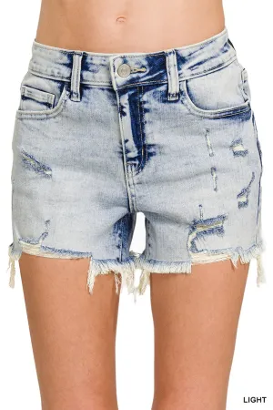 Zenana Distressed Raw Hem Shorts | Acid Wash