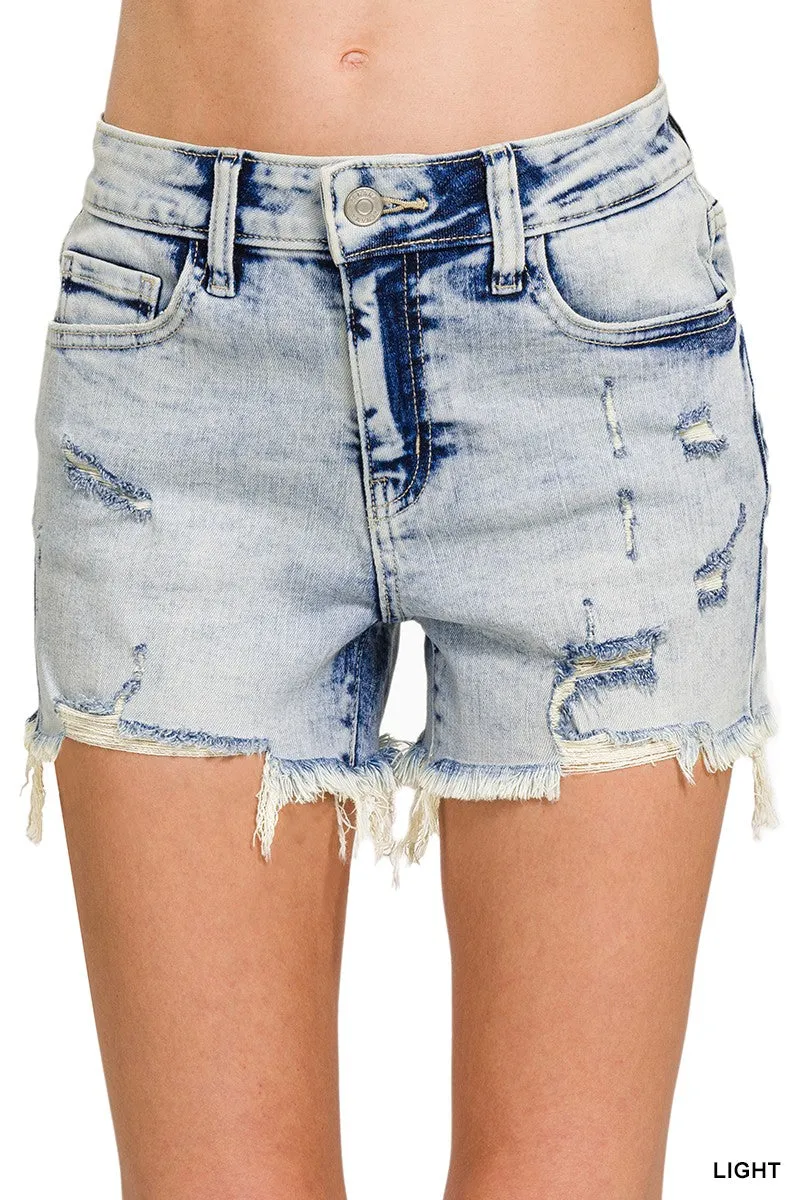 Zenana Distressed Raw Hem Shorts | Acid Wash